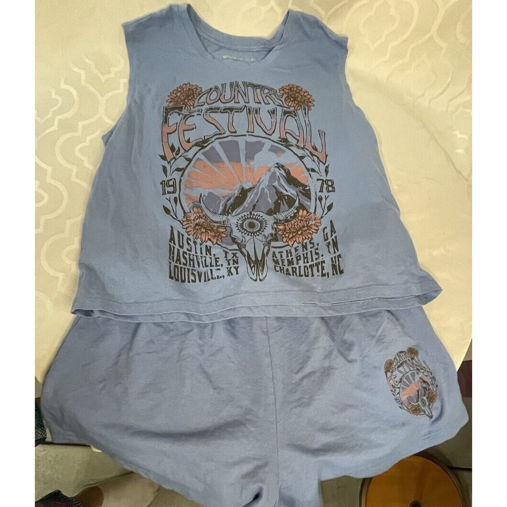 Weekend Soul Blue Shorts & Tank Top Pajama Set "Country Festival" Size XL - Picture 2 of 8